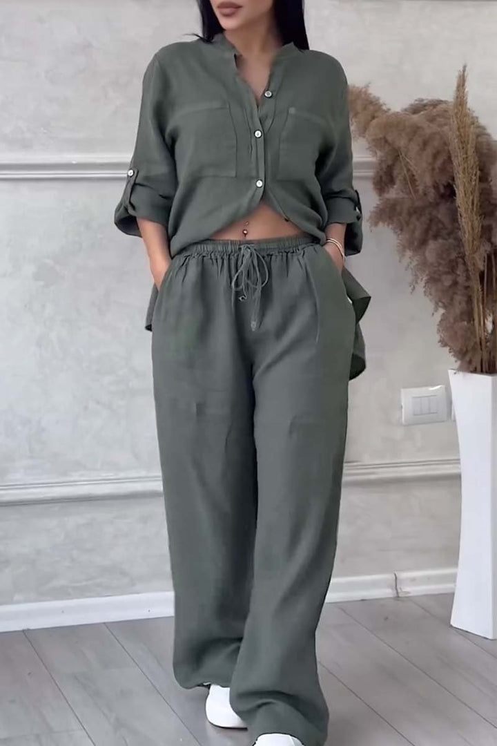 Two-Piece Set: Casual Solid Color Cotton-Linen Blend Pants