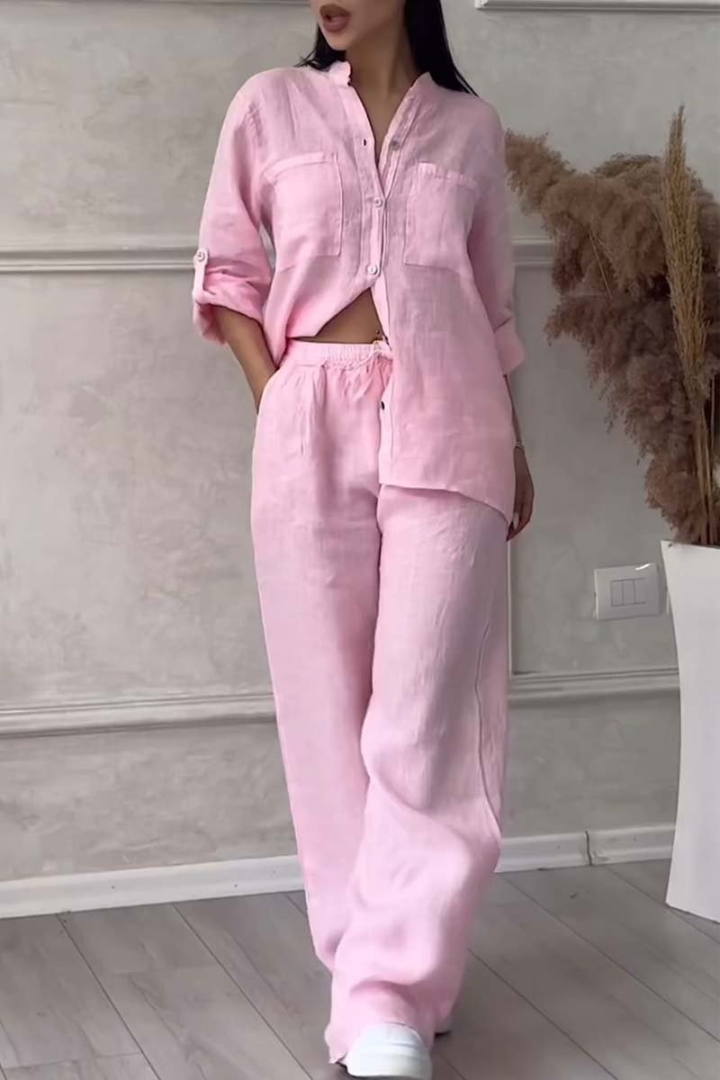 Two-Piece Set: Casual Solid Color Cotton-Linen Blend Pants