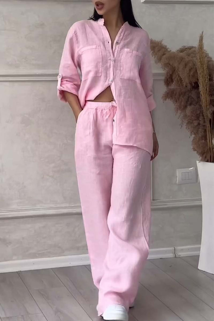 Two-Piece Set: Casual Solid Color Cotton-Linen Blend Pants