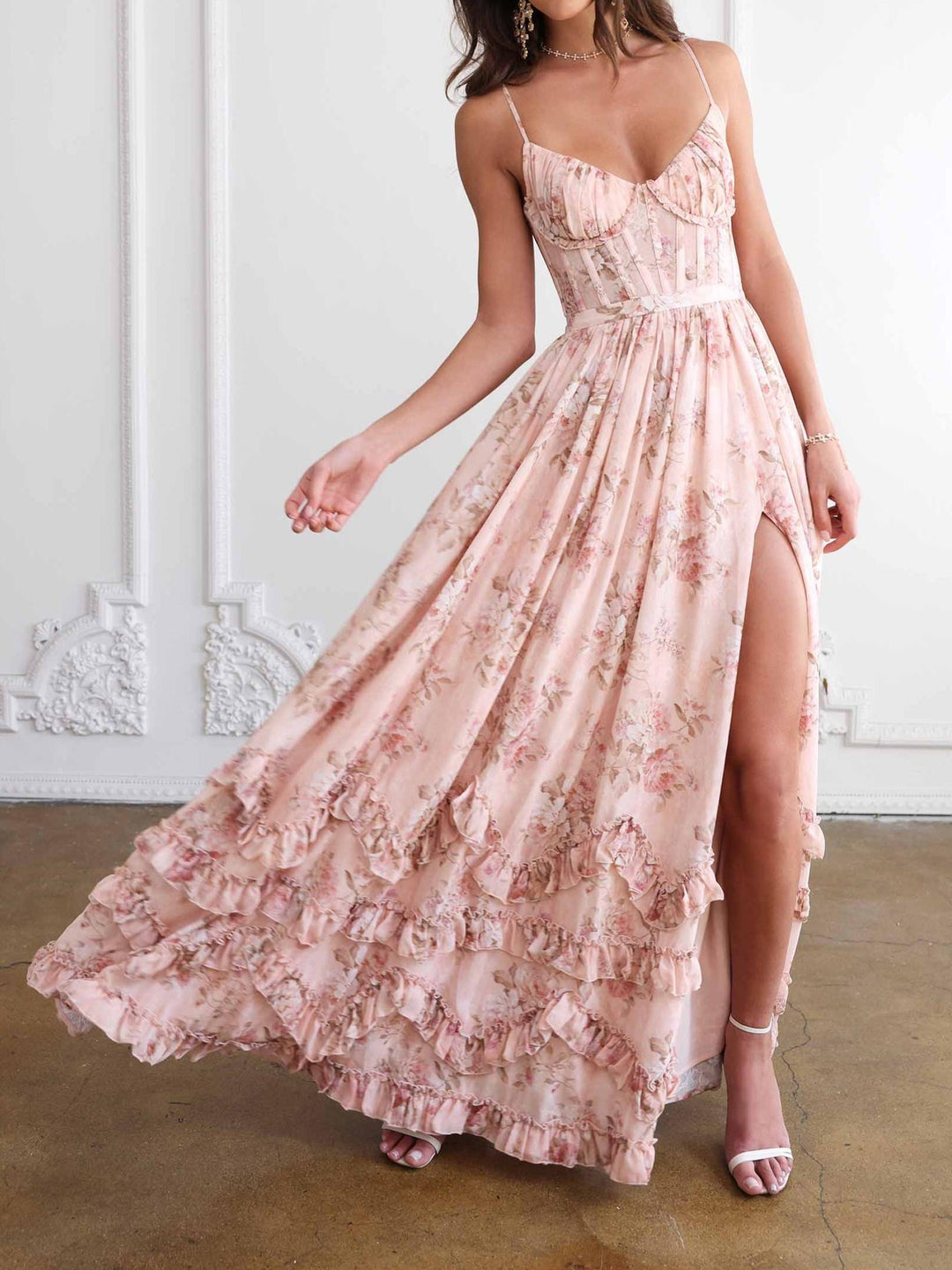 Floral Ruffle Split Maxi Dress