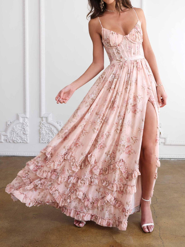 Floral Ruffle Split Maxi Dress