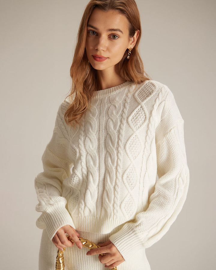 Beiger Rundhals-Pullover mit geripptem Zopfmuster