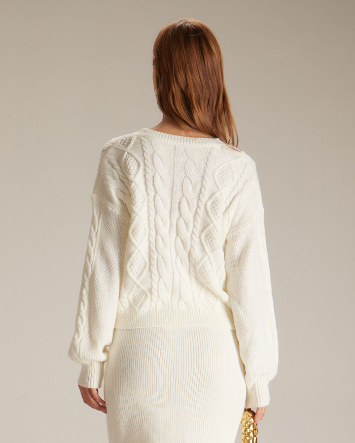 Beiger Rundhals-Pullover mit geripptem Zopfmuster