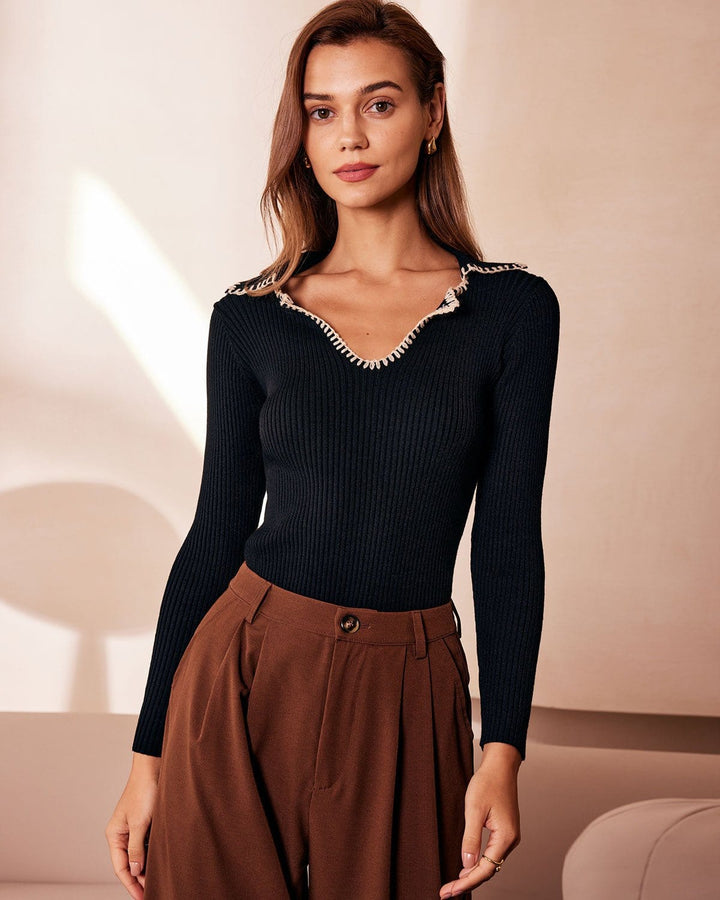 Schwarzes Colorblock-Stricktop mit Reversnaht