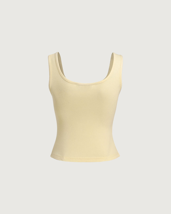 Gelbes V-Ausschnitt Tanktop aus Rippstrick
