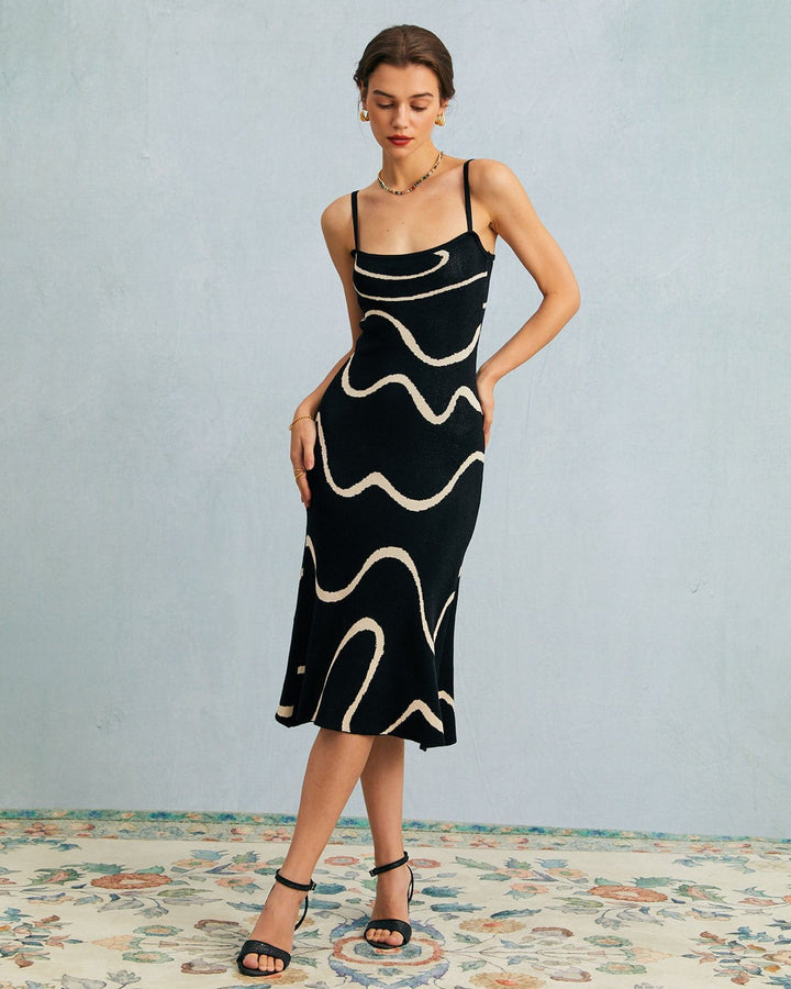 Das Black Wave – Midi-Strickkleid mit Wellenförmigem Saum