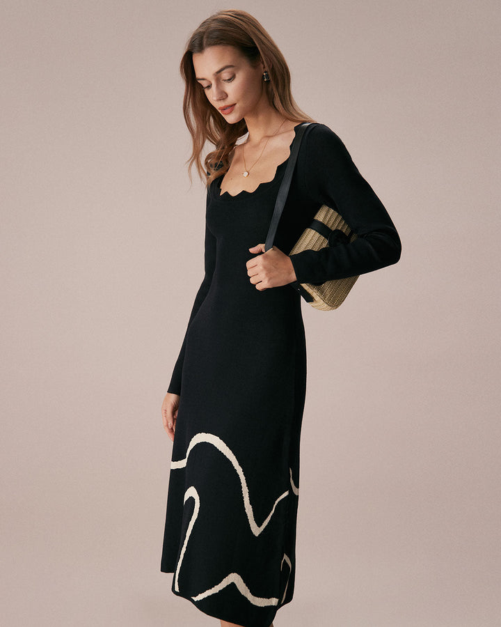 Das Black Wave – Midi-Pulloverkleid mit Wellen-Design