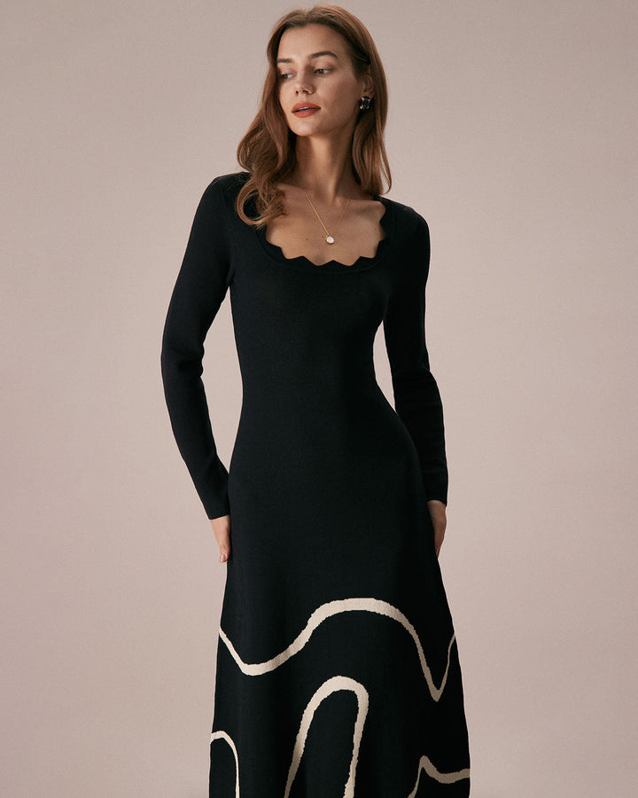 Das Black Wave – Midi-Pulloverkleid mit Wellen-Design