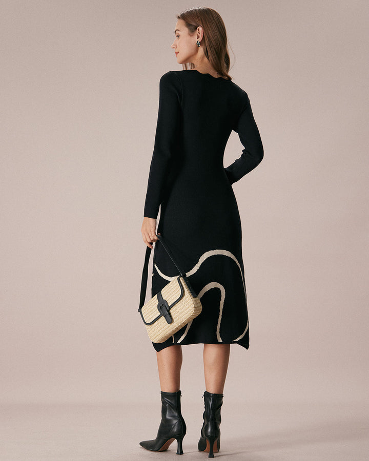 Das Black Wave – Midi-Pulloverkleid mit Wellen-Design
