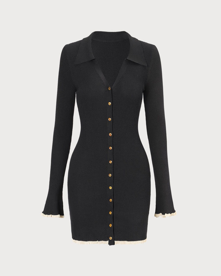 Schwarzes V-Ausschnitt Strick-Minikleid mit Kontrastdetails