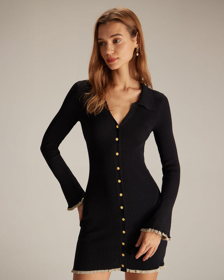 Schwarzes V-Ausschnitt Strick-Minikleid mit Kontrastdetails