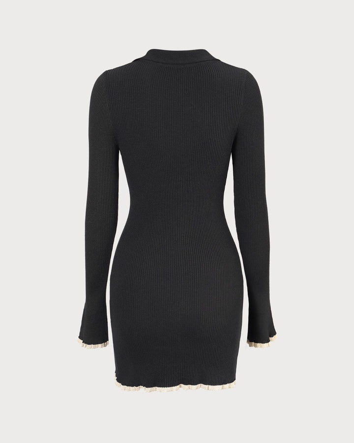 Schwarzes V-Ausschnitt Strick-Minikleid mit Kontrastdetails