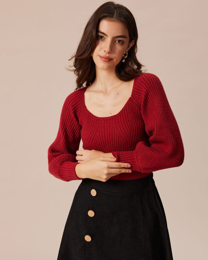 Roter Pullover mit U-Ausschnitt und lässigen Laternenärmeln