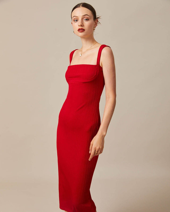 Rotes geripptes Midikleid mit quadratischem Dekolleté