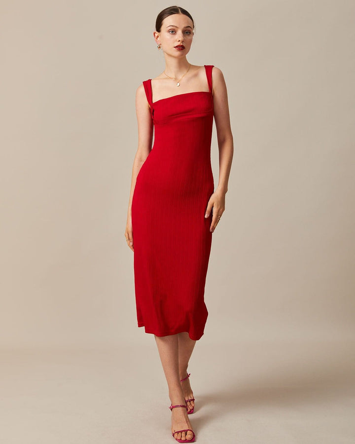 Rotes geripptes Midikleid mit quadratischem Dekolleté