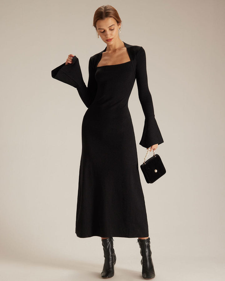 Schwarzes Midikleid mit quadratischem Ausschnitt und schwingenden Ärmeln