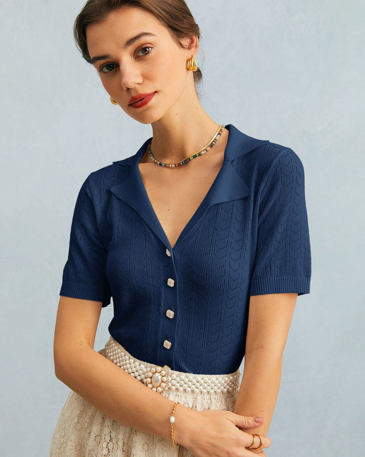 Marineblaues Pointelle-Stricktop mit Kragen