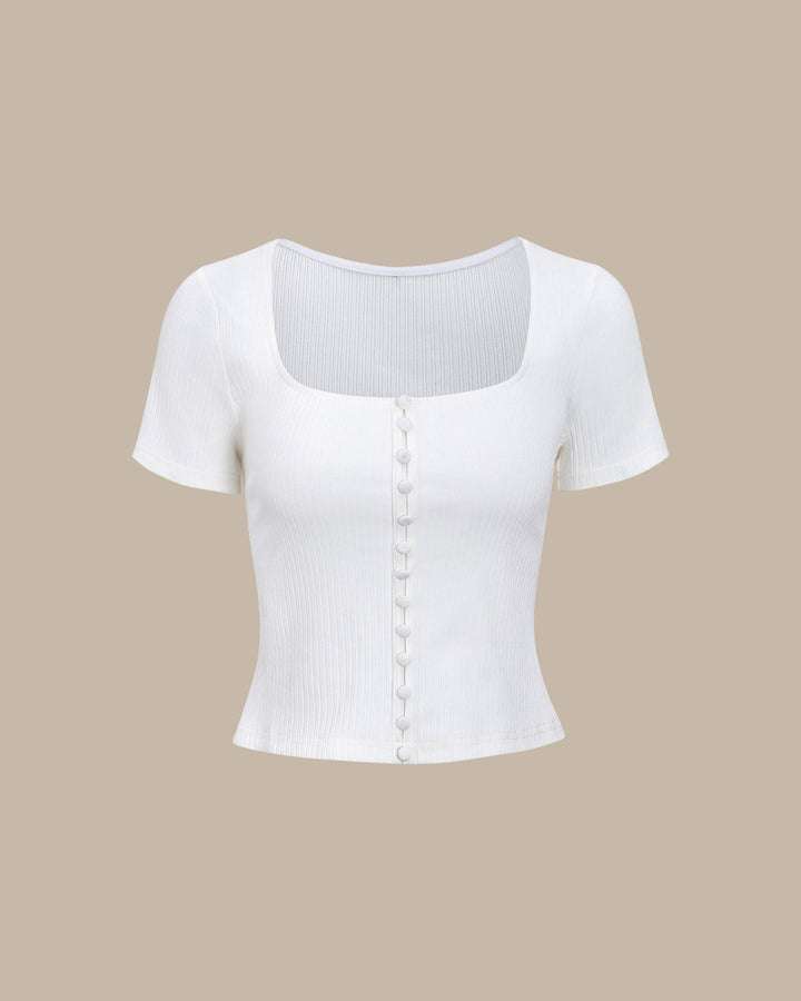 Rippstrick-T-Shirt ב-Weiss mit quadratischem Ausschnitt