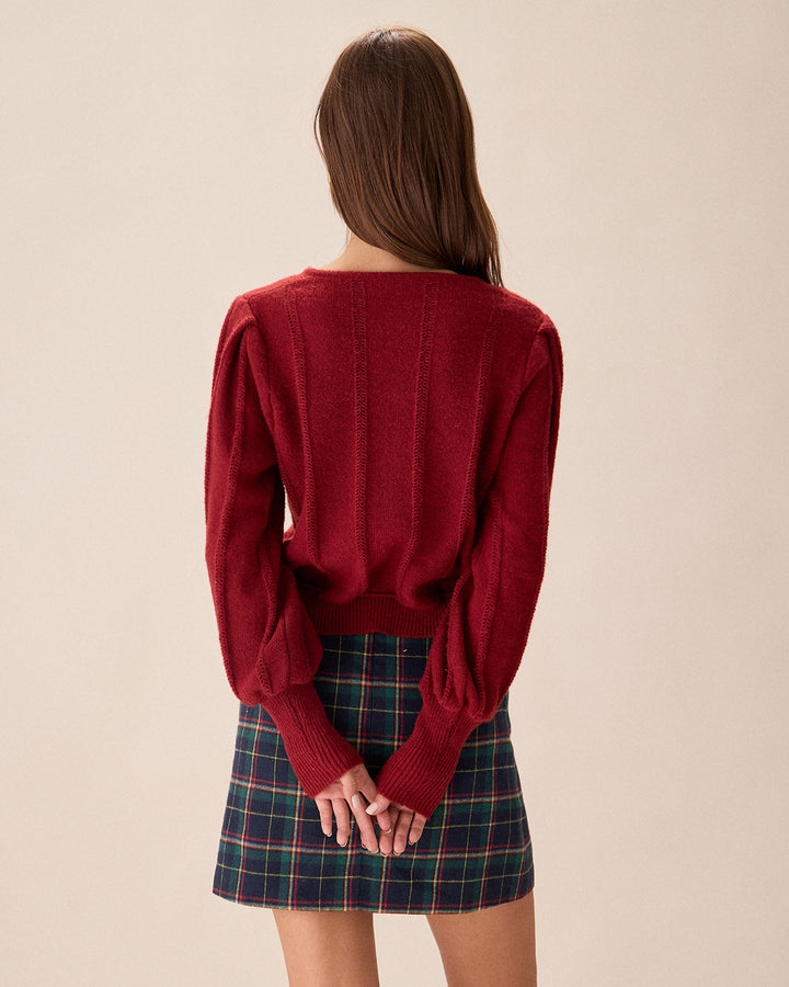 Einreihige Strickjacke mit roten Ballonärmeln