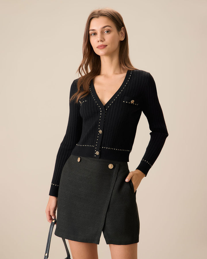 שוורצר, kontrastierender einreihiger Strickcardigan