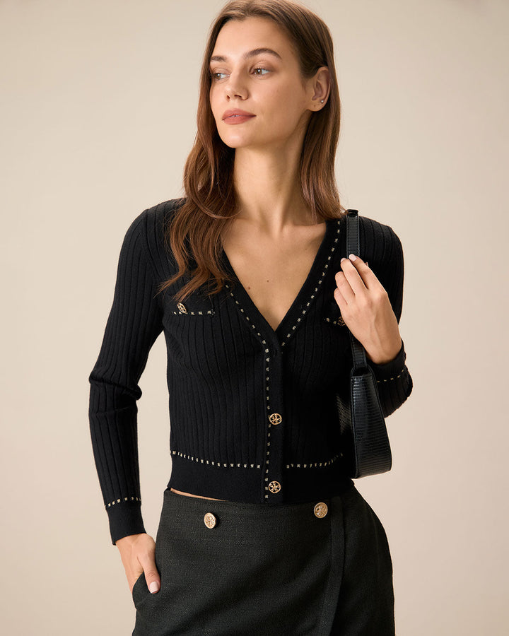 שוורצר, kontrastierender einreihiger Strickcardigan