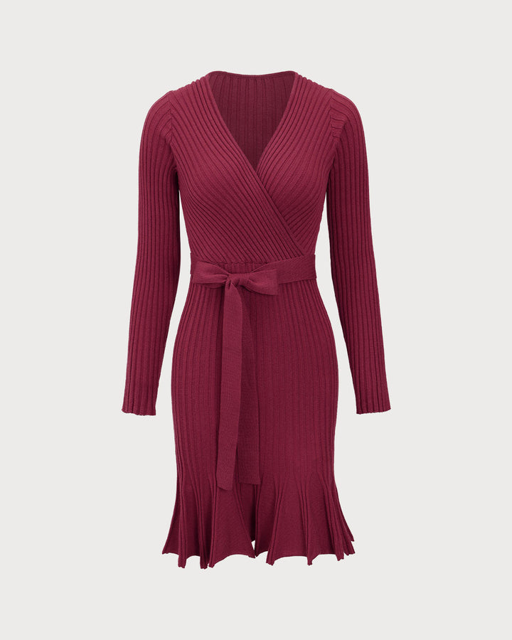 Rotweinfarbener Wickelpullover-Minikleid