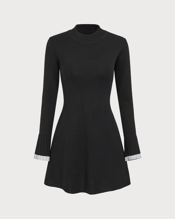 Schwarzes, langärmliges Minikleid mit kontrastierenden פרטים