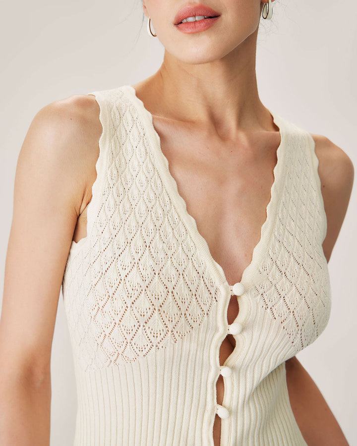 Beiges V-Ausschnitt Strick-Tanktop mit Rippenmuster