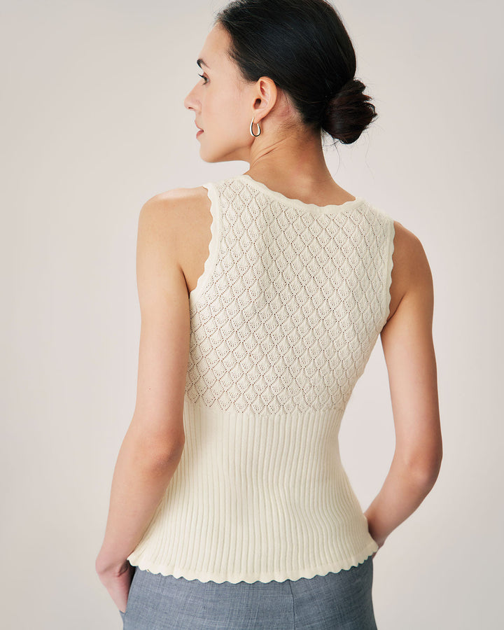 Beiges V-Ausschnitt Strick-Tanktop mit Rippenmuster