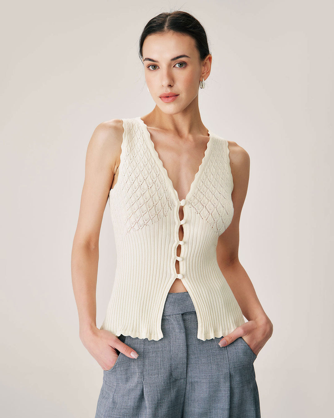 Beiges V-Ausschnitt Strick-Tanktop mit Rippenmuster