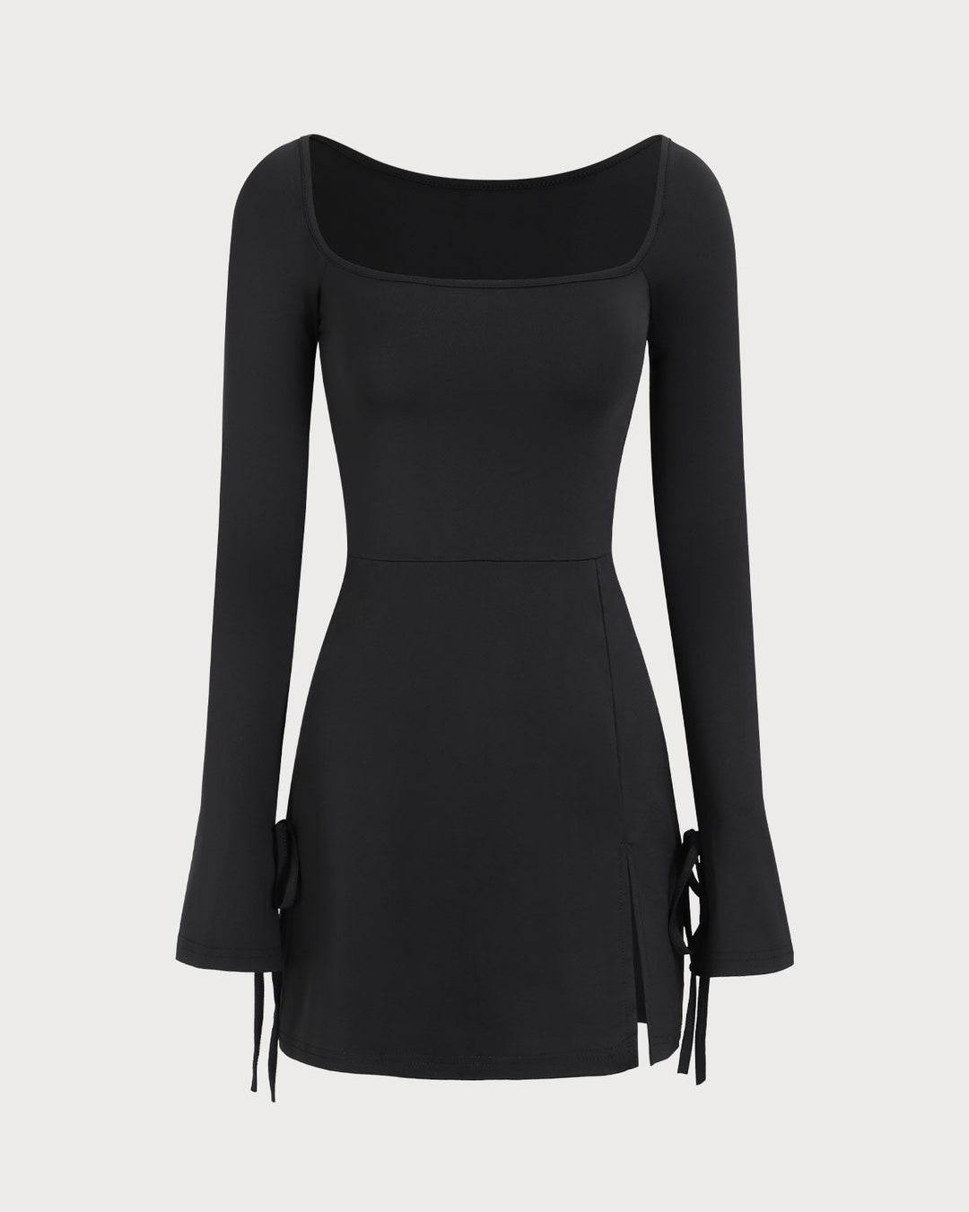 Schwarzes Damen-Minikleid mit eckigem Ausschnitt und langen Ärmeln