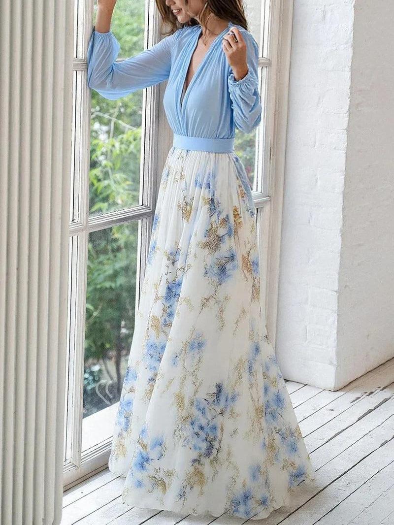 Elegant V-Neck Maxi Dress with Beautiful Floral Print