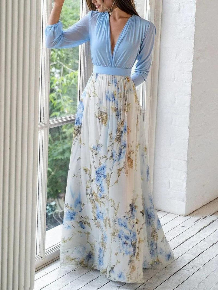 Elegant V-Neck Maxi Dress with Beautiful Floral Print