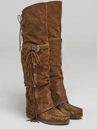 Women's Flat High Boots with Over-the-Knee Design, Tassel and Rivet Details