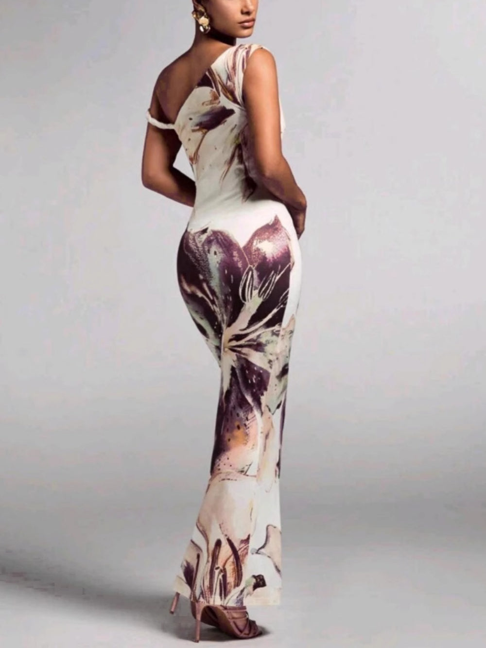 One-Shoulder Maxi Dress with Printed Pleats