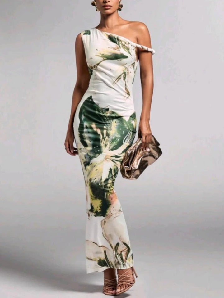 One-Shoulder Maxi Dress with Printed Pleats