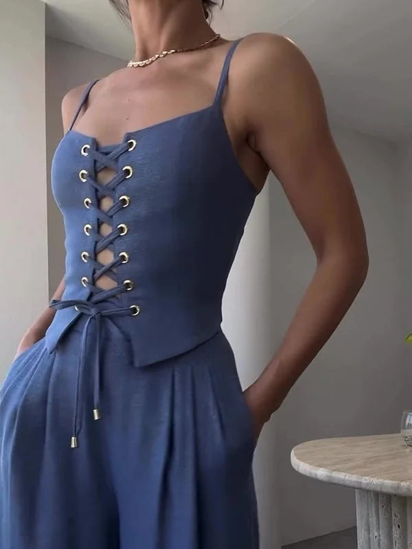 Two-Piece Set: Tie-Front Camisole in Linen Blend