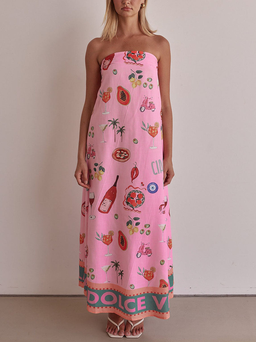 Vacation Print Dress with Pink Tube Top