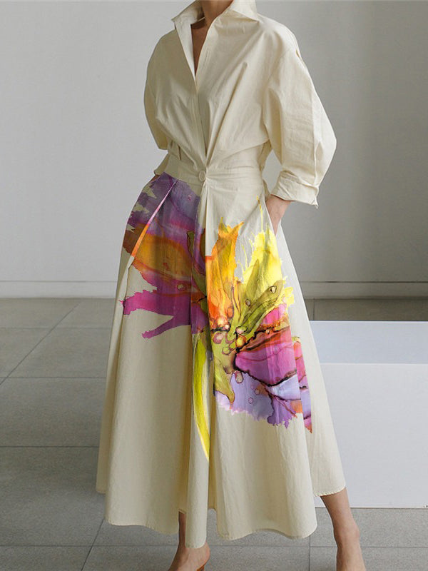 Floral Print Midi Shirt Dress with Long Sleeves, Pleated Design, Tied Waist, and Split-Joint Detail