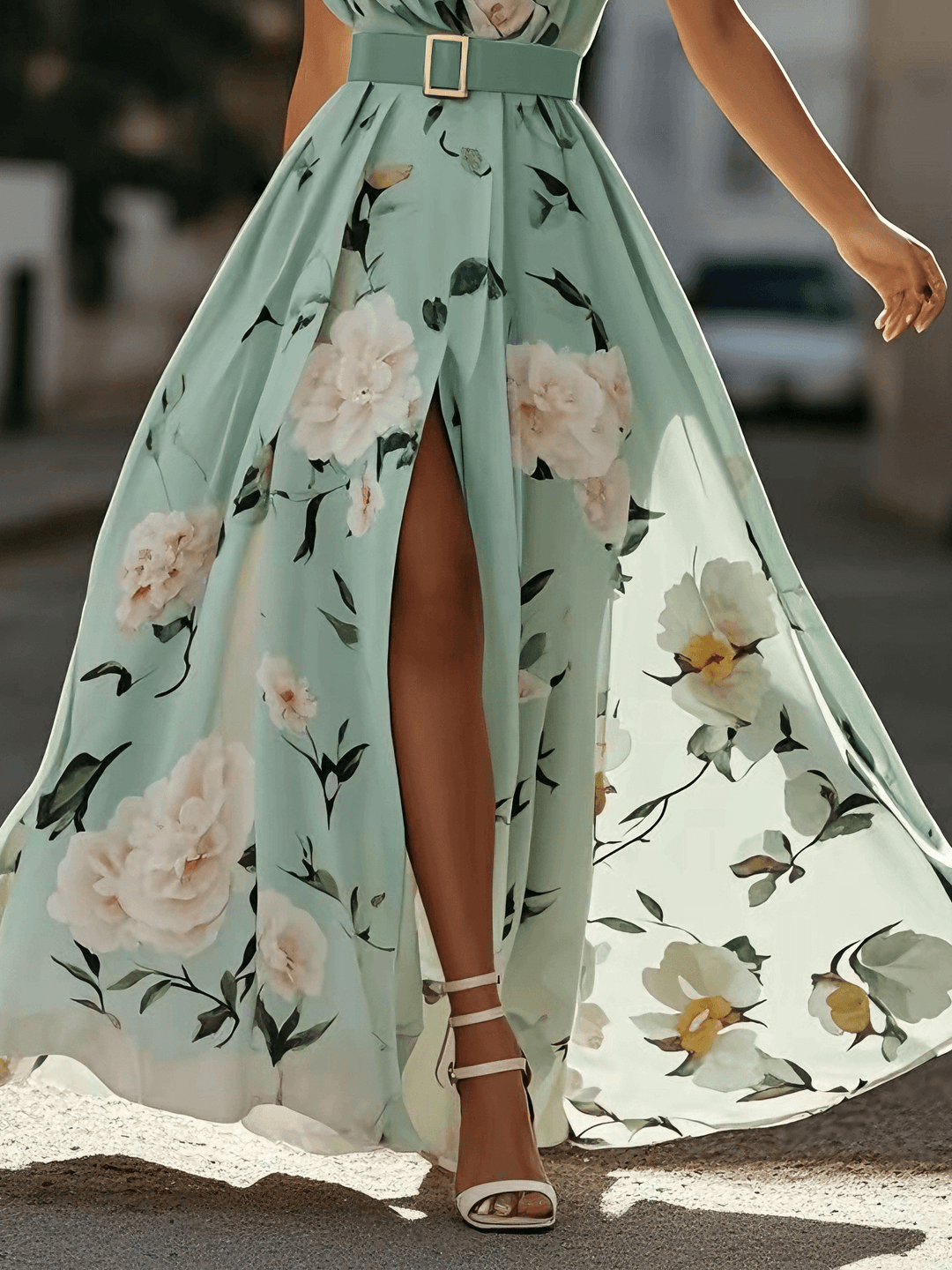 Light Green Floral One-Shoulder A-Line Maxi Dress with Ruched Details