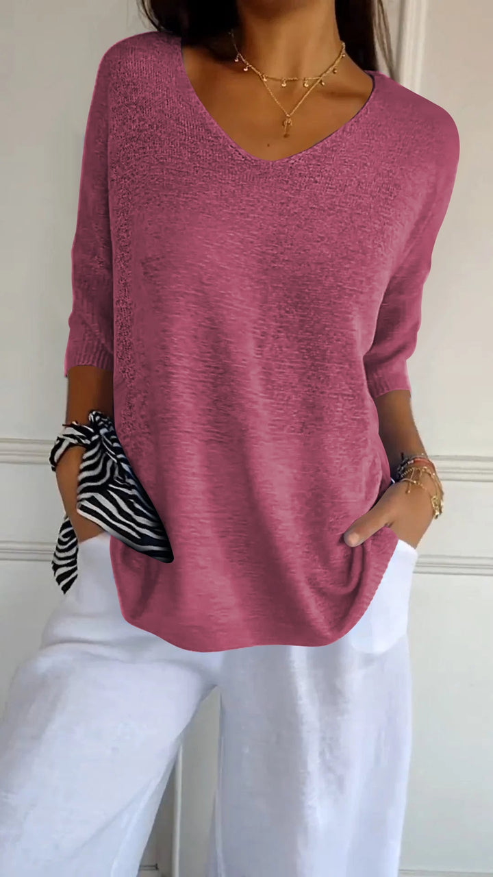 V-Neck Solid Color Knit Top