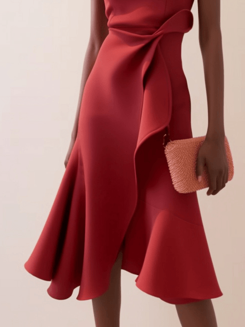 Elegant Red A-Line Midi Dress with Waist Twist - Perfect for Day to Night