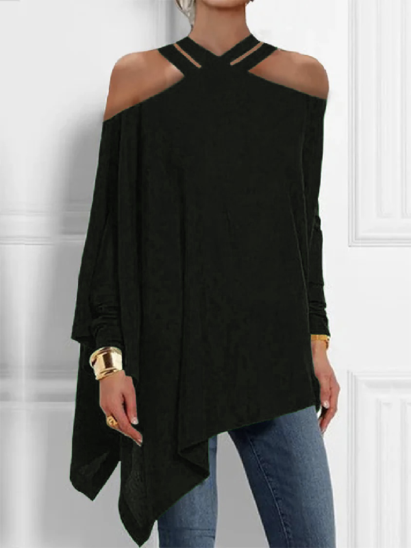 Loose Asymmetric Hollow Cold Shoulder Solid Color Blouses & Tops