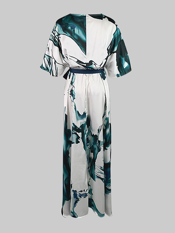 Maxi Evening Dress with Batwing Sleeves, Loose Fit, Printed Design, and Tied Waist
