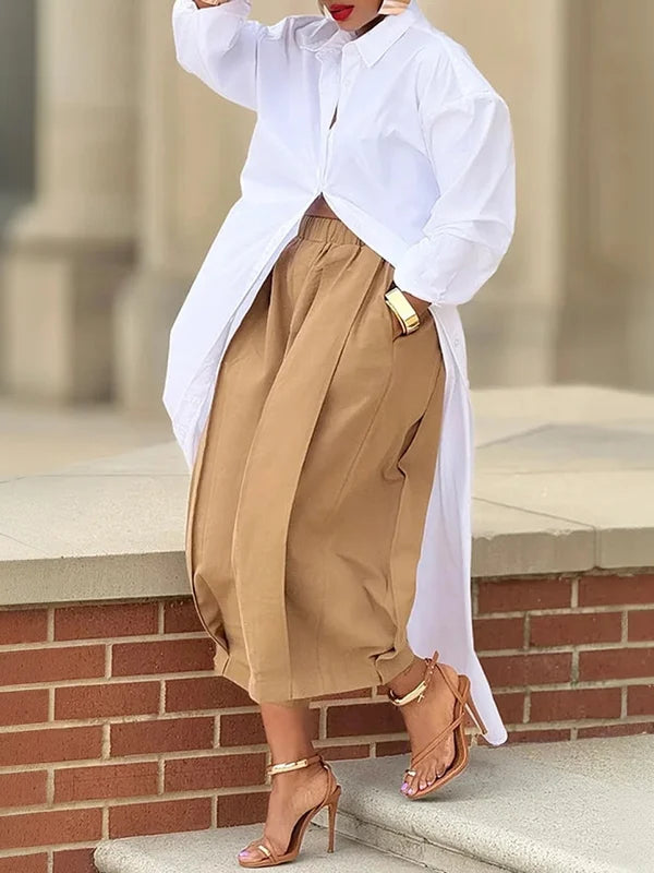 Relaxed Fit Wide Leg Pleated Pants with Pockets - Solid Color