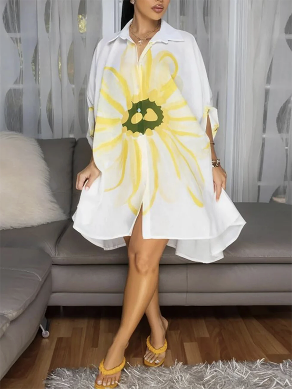 Floral Print Mini Shirt Dress with Half Sleeves and Button Detail