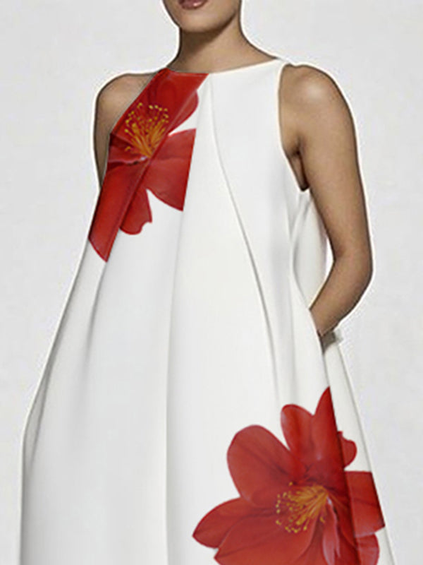 Floral Print A-Line Sleeveless Maxi Dress with Asymmetric Split Joint and Round Neck