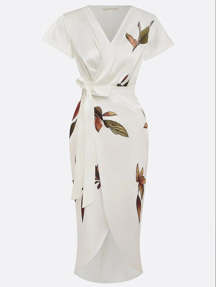 White Leaf Satin Wrap Midi Dress with Short Sleeves
