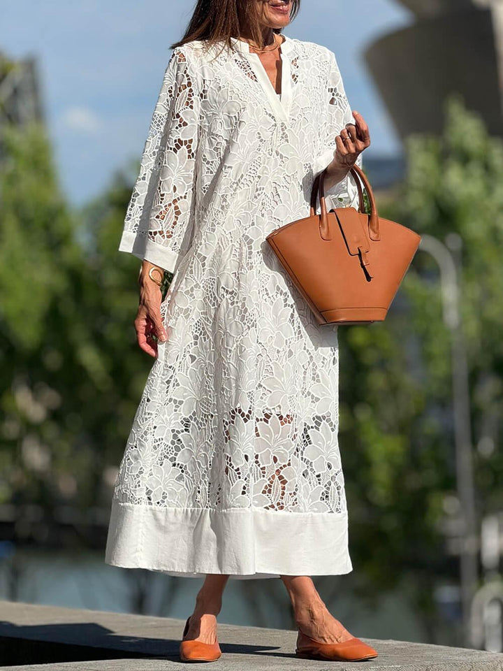 Floral Lace V-Neck Midi Dress with Bell Sleeves