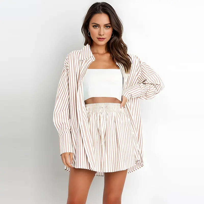 TIFY™ – Stylish Striped Collared Shirt & Wide-Leg Shorts Ensemble